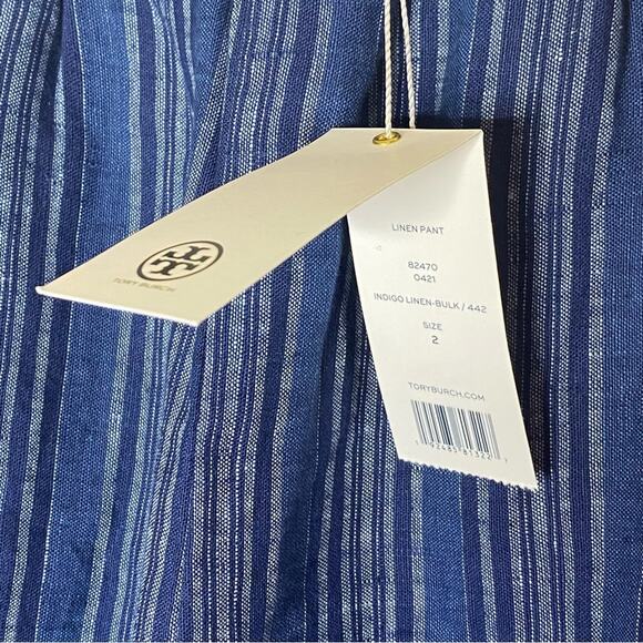 Tory Burch Pants 100% Linen Blue Striped Front Solid Back Relaxed Fit Pocket NWT - Picture 5 of 7